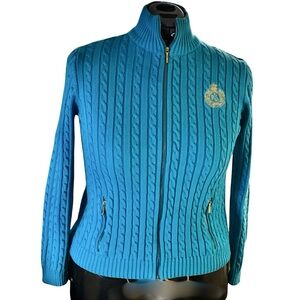 Lauren Ralph Lauren Cable Knit Full Zip Sweater Turquoise XL Gold Crest Cotton